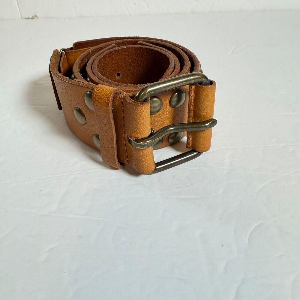 Linea Pelle Genuine Leather Studded Belt Size 6 Small Cognac Antique Brass Rivet